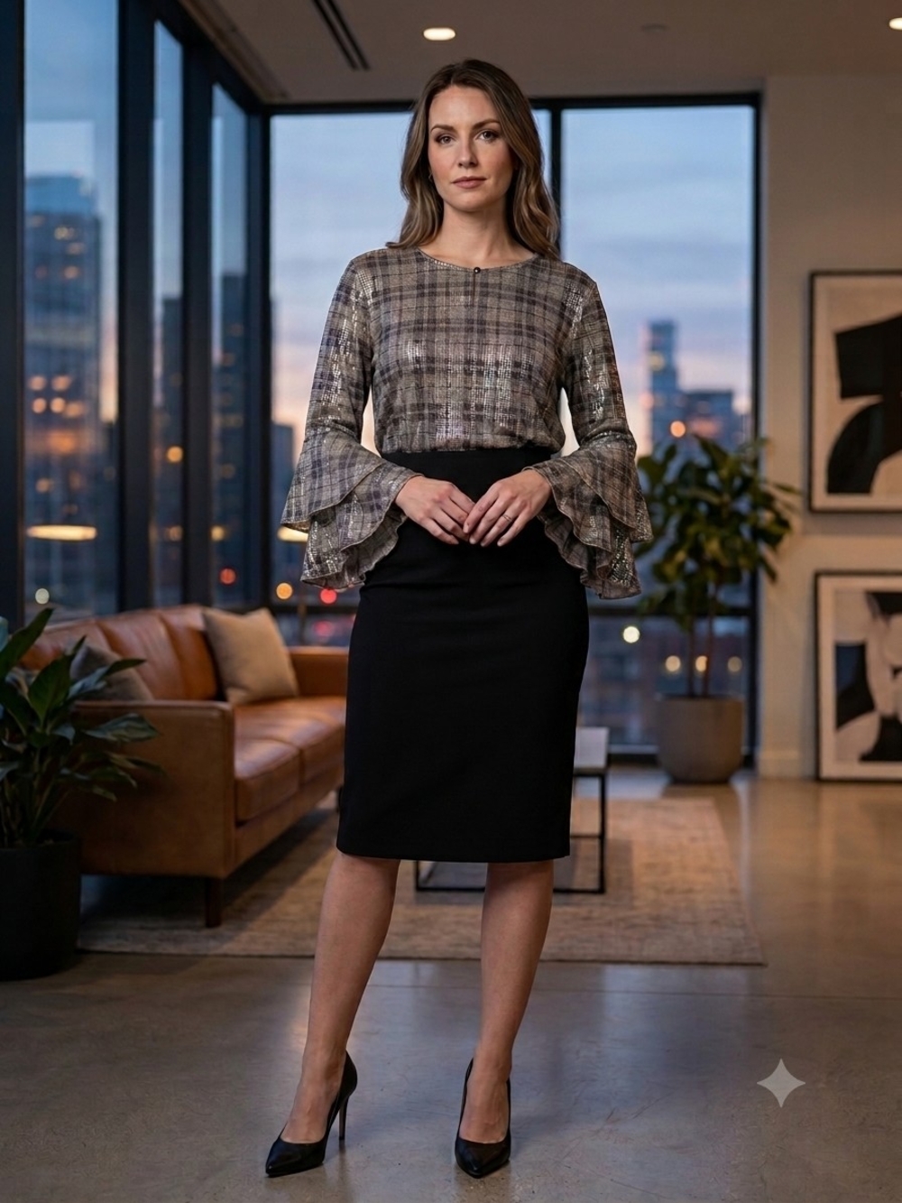 Plaid Ruffle-Sleeve Blouse in Grey And Black With Metallic Accent, Soft & Flowy